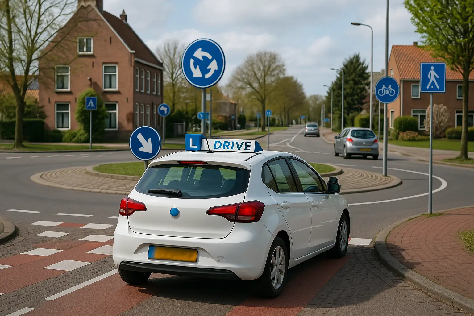Praktijkles verkeersregels Maassluis met witte lesauto op rotonde